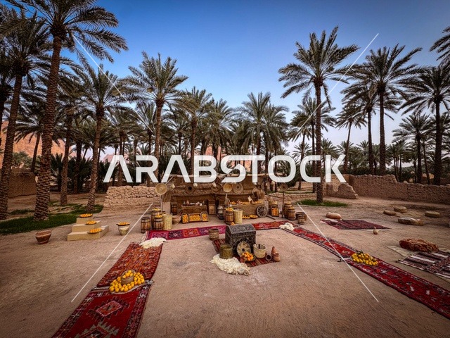 ثمار الحمضيات الطبيعية الناضجة ذات الفوائد العالية، المزارع والواحات الخصبة في البلدة القديمة بالعلا، منتجات وطنية محلية، المناظر الطبيعية المتميزة في المملكة العربية السعودية، محمية طبيعية لزراعة الاشجار