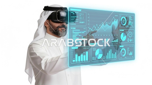 The rise and fall of stock market shares, the concept of financial analysis and investment opportunities, the stock market, trading digital currency, an Arab Gulf Saudi man wearing traditional dress and a ghutrah, wearing VR glasses, watching financial numbers and statistics, glowing 3D holographic symbols and elements.