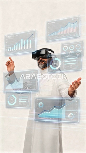 صعود وهبوط أسهم البورصة, مفهوم التحليل المالي وفرص الاستثمار, سوق الأوراق المالية, تداول العملة الرقمية، رجل عربي خليجي سعودي يرتدي الثوب التقليدي والشماغ يضع نظارة الفي ار يقوم بمشاهدة الأرقام و الإحصائيات المالية, رموز وعناصر هولوجرامية ثلاثية الأبعاد مضيئة