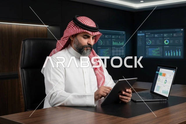 مفهوم التحليل المالي وفرص الاستثمار, سوق الأوراق المالية, صعود وهبوط أسهم البورصة, تداول العملة الرقمية، رجل عربي خليجي سعودي يرتدي الثوب التقليدي والشماغ يستخدم جهاز تقني حديث يقوم بمشاهدة الأرقام و الإحصائيات المالية, رموز وعناصر هولوجرامية ثلاثية الأبعاد مضيئة