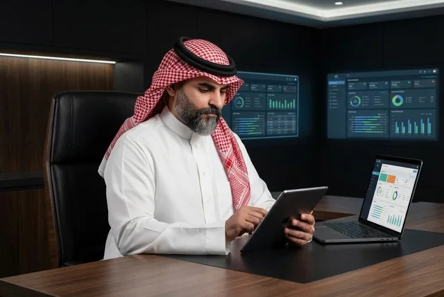 مفهوم التحليل المالي وفرص الاستثمار, سوق الأوراق المالية, صعود وهبوط أسهم البورصة, تداول العملة الرقمية، رجل عربي خليجي سعودي يرتدي الثوب التقليدي والشماغ يستخدم جهاز تقني حديث يقوم بمشاهدة الأرقام و الإحصائيات المالية, رموز وعناصر هولوجرامية ثلاثية الأبعاد مضيئة