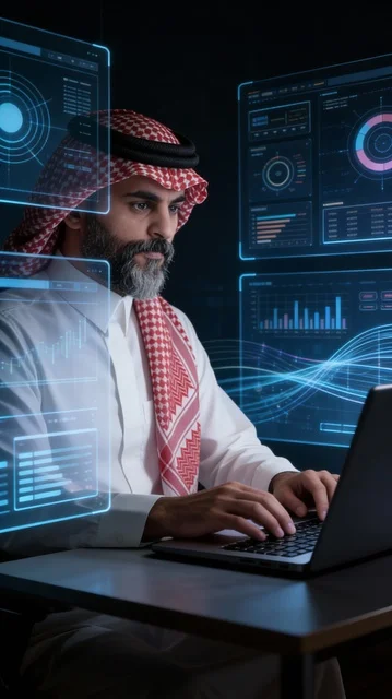 The concept of financial analysis and investment opportunities, the stock market, the rise and fall of stock prices, cryptocurrency trading, an Arab Gulf Saudi man wearing traditional attire and a headscarf using a modern technical device to view financial numbers and statistics, illuminated 3D holographic symbols and elements.