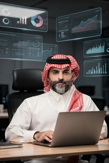 The concept of financial analysis and investment opportunities, the stock market, the rise and fall of stock prices, cryptocurrency trading, an Arab Gulf Saudi man wearing traditional attire and a headscarf using a modern technical device to view financial numbers and statistics, illuminated 3D holographic symbols and elements.