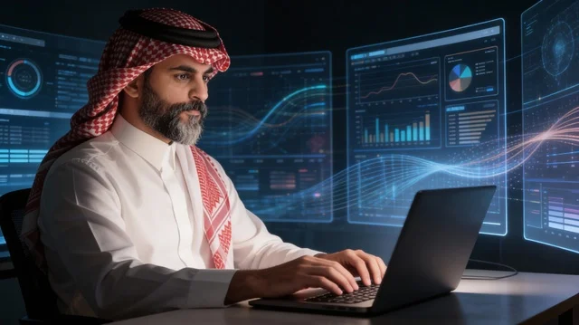 The concept of financial analysis and investment opportunities, the stock market, the rise and fall of stock prices, cryptocurrency trading, an Arab Gulf Saudi man wearing traditional attire and a headscarf using a modern technical device to view financial numbers and statistics, illuminated 3D holographic symbols and elements.