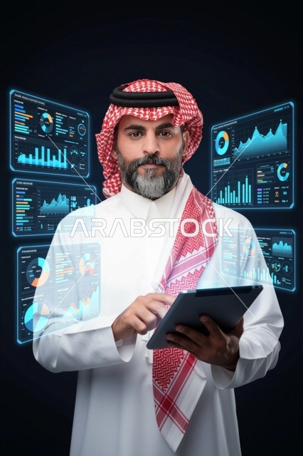 The concept of financial analysis and investment opportunities, the stock market, the rise and fall of stock prices, cryptocurrency trading, an Arab Gulf Saudi man wearing traditional attire and a headscarf using a modern technical device to view financial numbers and statistics, illuminated 3D holographic symbols and elements.