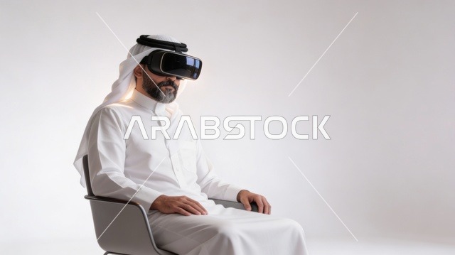 رؤية المشاهد الخيالية، الاشارة بإصبع السبابة إلى شيء ما، استخدام الأجهزة التقنية الحديثة، التفاعل والاندماج مع الواقع الافتراضي، بورتريه لرجل عربي خليجي سعودي يرتدي الثوب التقليدي والشماغ يضع نظارات الفي آر، قضاء أوقات الفراغ بشكل ممتع، خلفية بيضاء