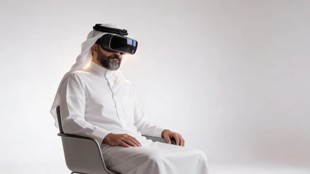 رؤية المشاهد الخيالية، الاشارة بإصبع السبابة إلى شيء ما، استخدام الأجهزة التقنية الحديثة، التفاعل والاندماج مع الواقع الافتراضي، بورتريه لرجل عربي خليجي سعودي يرتدي الثوب التقليدي والشماغ يضع نظارات الفي آر، قضاء أوقات الفراغ بشكل ممتع، خلفية بيضاء