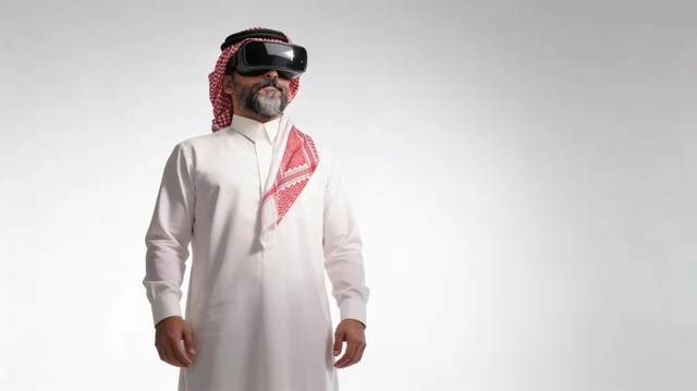 رؤية المشاهد الخيالية، الاشارة بإصبع السبابة إلى شيء ما، استخدام الأجهزة التقنية الحديثة، التفاعل والاندماج مع الواقع الافتراضي، بورتريه لرجل عربي خليجي سعودي يرتدي الثوب التقليدي والشماغ يضع نظارات الفي آر، قضاء أوقات الفراغ بشكل ممتع، خلفية بيضاء