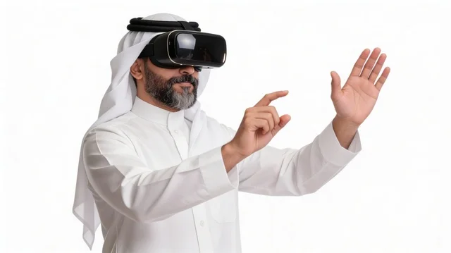 Seeing imaginary scenes, pointing with the index finger at something, using modern technological devices, interacting and merging with virtual reality, a portrait of a Saudi Arabian Gulf man wearing traditional attire and a ghutrah, wearing VR glasses, spending leisure time in an enjoyable way, white background.