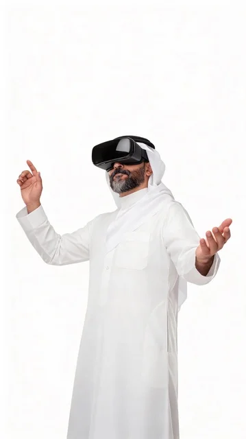 رؤية المشاهد الخيالية، الاشارة بإصبع السبابة إلى شيء ما، استخدام الأجهزة التقنية الحديثة، التفاعل والاندماج مع الواقع الافتراضي، بورتريه لرجل عربي خليجي سعودي يرتدي الثوب التقليدي والشماغ يضع نظارات الفي آر، قضاء أوقات الفراغ بشكل ممتع، خلفية بيضاء
