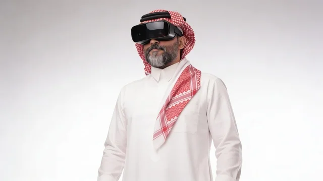 رؤية المشاهد الخيالية، الاشارة بإصبع السبابة إلى شيء ما، استخدام الأجهزة التقنية الحديثة، التفاعل والاندماج مع الواقع الافتراضي، بورتريه لرجل عربي خليجي سعودي يرتدي الثوب التقليدي والشماغ يضع نظارات الفي آر، قضاء أوقات الفراغ بشكل ممتع، خلفية بيضاء