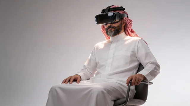 Seeing imaginary scenes, pointing with the index finger at something, using modern technological devices, interacting and merging with virtual reality, a portrait of a Saudi Arabian Gulf man wearing traditional attire and a ghutrah, wearing VR glasses, spending leisure time in an enjoyable way, white background.