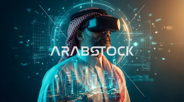 استخدام التقنية والاجهزة الحديثة، رؤية مستقبلية سعودية 2030، رجل عربي خليجي سعودي يرتدي الثوب التقليدي والشماغ يضع نظارة الواقع الافتراضي ينظر الى شاشة هولوجرامية ومجسمات ثلاثية الأبعاد لابراج وناطحات السحاب، الاندماج ومحاكاة العالم الخيالي