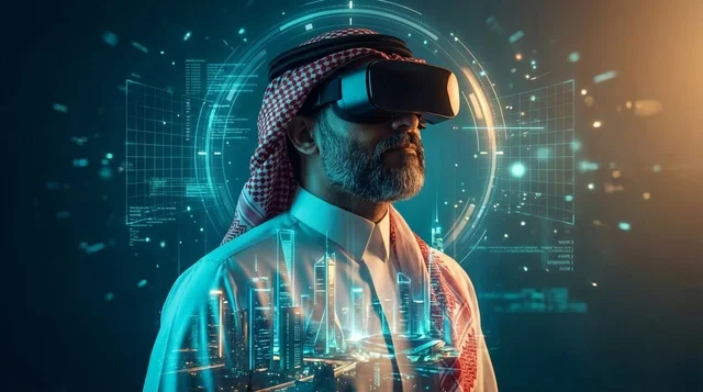 The use of modern technology and devices, a Saudi Vision 2030, an Arab Gulf Saudi man wearing traditional attire and a headscarf, wearing virtual reality glasses, looking at a holographic screen and 3D models of towers and skyscrapers, the integration and simulation of the imaginary world.