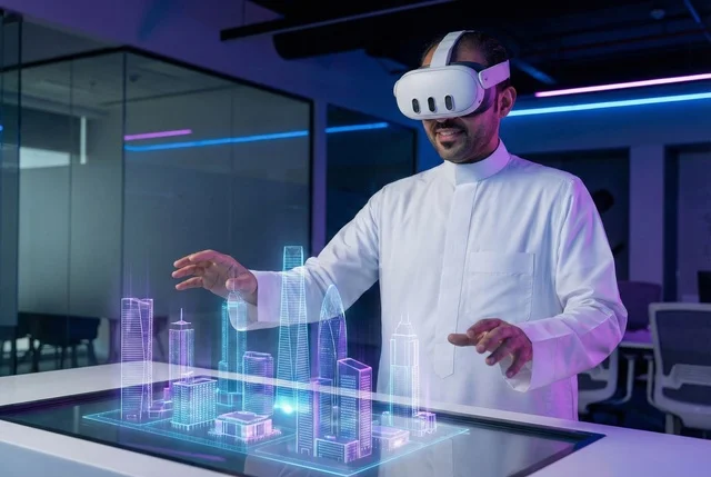 استخدام التقنية والاجهزة الحديثة، رؤية مستقبلية سعودية 2030، رجل عربي خليجي سعودي يرتدي الثوب التقليدي والشماغ يضع نظارة الواقع الافتراضي ينظر الى شاشة هولوجرامية ومجسمات ثلاثية الأبعاد لابراج وناطحات السحاب، الاندماج ومحاكاة العالم الخيالي