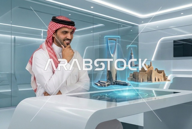 استخدام التقنية والاجهزة الحديثة، رؤية مستقبلية سعودية 2030، رجل عربي خليجي سعودي يرتدي الثوب التقليدي والشماغ يضع نظارة الواقع الافتراضي ينظر الى شاشة هولوجرامية ومجسمات ثلاثية الأبعاد لابراج وناطحات السحاب، الاندماج ومحاكاة العالم الخيالي