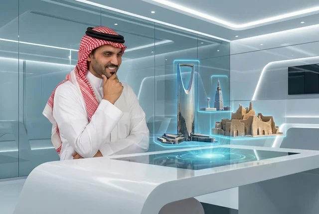 استخدام التقنية والاجهزة الحديثة، رؤية مستقبلية سعودية 2030، رجل عربي خليجي سعودي يرتدي الثوب التقليدي والشماغ يضع نظارة الواقع الافتراضي ينظر الى شاشة هولوجرامية ومجسمات ثلاثية الأبعاد لابراج وناطحات السحاب، الاندماج ومحاكاة العالم الخيالي
