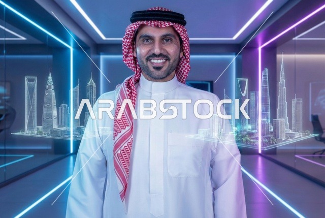 The use of modern technology and devices, a Saudi Vision 2030, an Arab Gulf Saudi man wearing traditional attire and a ghutrah looking at the camera with gestures of happiness, integration and simulation of the imaginary world, a background of a holographic screen and 3D models of towers and skyscrapers.