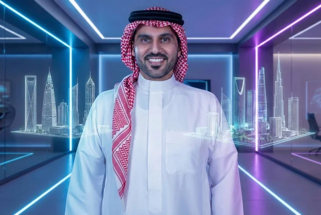 استخدام التقنية والاجهزة الحديثة، رؤية مستقبلية سعودية 2030، رجل عربي خليجي سعودي يرتدي الثوب التقليدي والشماغ ينظر الى الكاميرا بايماءات السعادة ، الاندماج ومحاكاة العالم الخيالي، خلفية  شاشة هولوجرامية ومجسمات ثلاثية الأبعاد لابراج وناطحات السحاب
