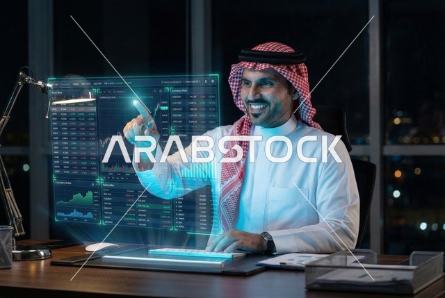 مفهوم التحليل المالي وفرص الاستثمار, سوق الأوراق المالية, صعود وهبوط أسهم البورصة, تداول العملة الرقمية، رجل عربي خليجي سعودي يرتدي الثوب التقليدي والشماغ يستخدم جهاز تقني حديث يقوم بمشاهدة الأرقام و الإحصائيات المالية, رموز وعناصر هولوجرامية ثلاثية الأبعاد مضيئة