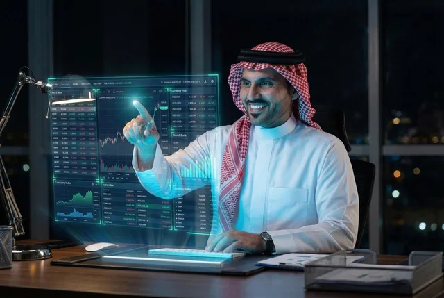 The concept of financial analysis and investment opportunities, the stock market, the rise and fall of stock prices, cryptocurrency trading, an Arab Gulf Saudi man wearing traditional attire and a headscarf using a modern technical device to view financial numbers and statistics, glowing 3D holographic symbols and elements.