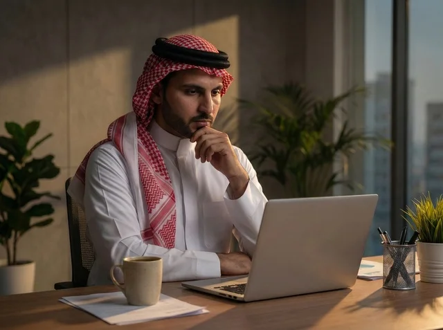 Completing the required tasks, Saudi office professions and jobs, managing and organizing company affairs through technical devices, integrating work with technology, an Arab Gulf Saudi businessman wearing traditional attire and a ghutrah working on a laptop, working in the economic field.