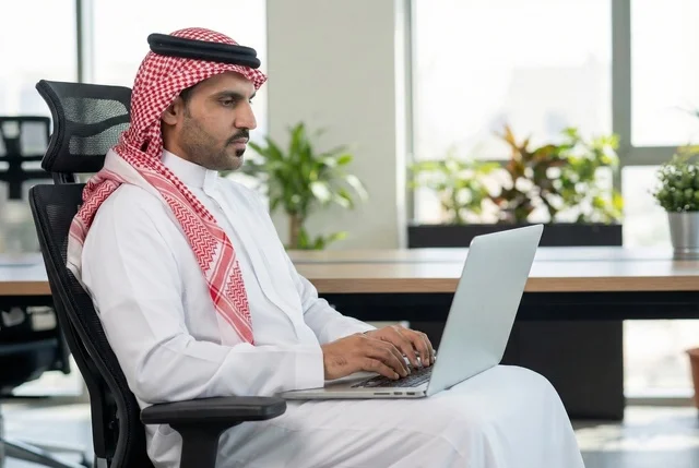 Completing the required tasks, Saudi office professions and jobs, managing and organizing company affairs through technical devices, integrating work with technology, an Arab Gulf Saudi businessman wearing traditional attire and a ghutrah working on a laptop, working in the economic field.