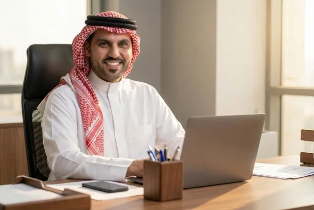 Completing the required tasks, Saudi office professions and jobs, managing and organizing company affairs through technical devices, integrating work with technology, an Arab Gulf Saudi businessman wearing traditional attire and a ghutrah working on a laptop, working in the economic field.
