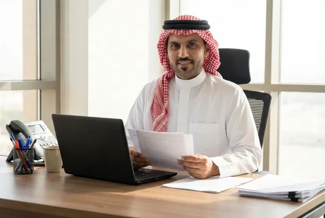Integrating technology and modern techniques in the office and administrative sector, managing business via a laptop, supervising work, a portrait of an Arab Gulf Saudi man wearing traditional attire and a ghutrah sitting at a modern desk with a set of plans and papers in front of him.