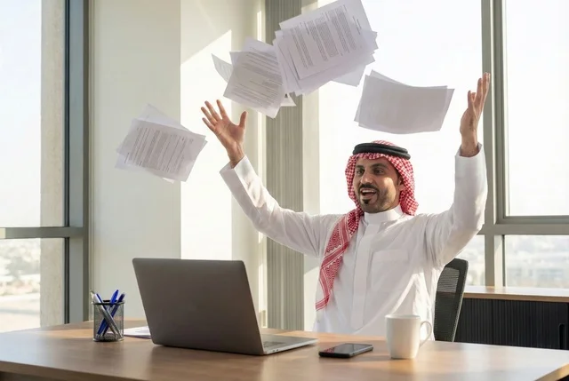 Integrating technology and modern techniques in the office and administrative sector, managing business via a laptop, supervising work, a portrait of an Arab Gulf Saudi man wearing traditional attire and a ghutrah sitting at a modern desk with a set of plans and papers in front of him.