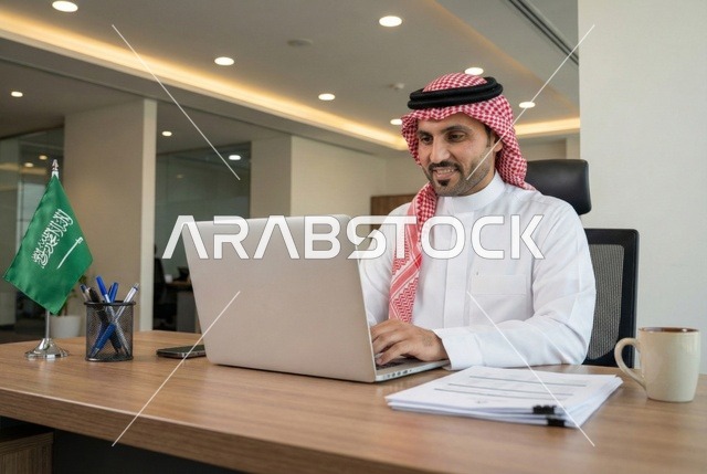 دمج التكنولوجيا والتقنيات الحديثة في القطاع المكتبي والإداري، إدارة الأعمال عبر الحاسوب المحمول، الإشراف على العمل، بورتريه  لرجل عربي خليجي سعودي يرتدي الثوب التقليدي والشماغ يجلس على مكتب عصري وأمامه مجموعة مخططات واوراق