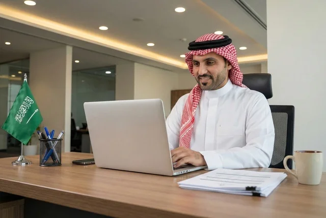 دمج التكنولوجيا والتقنيات الحديثة في القطاع المكتبي والإداري، إدارة الأعمال عبر الحاسوب المحمول، الإشراف على العمل، بورتريه  لرجل عربي خليجي سعودي يرتدي الثوب التقليدي والشماغ يجلس على مكتب عصري وأمامه مجموعة مخططات واوراق