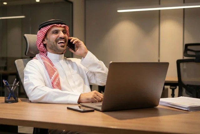 اجراء مكالمة هاتفية، دمج التكنولوجيا والتقنيات الحديثة في القطاع المكتبي والإداري، إدارة الأعمال عبر الحاسوب المحمول، الإشراف على العمل، بورتريه  لرجل عربي خليجي سعودي يرتدي الثوب التقليدي والشماغ يجلس على مكتب عصري وأمامه مجموعة مخططات واوراق