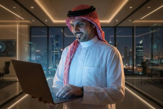 Completing the required tasks, Saudi office professions and jobs, managing and organizing company affairs through technical devices, integrating work with technology, an Arab Gulf Saudi businessman wearing traditional attire and a ghutrah working on a laptop, working in the economic field.