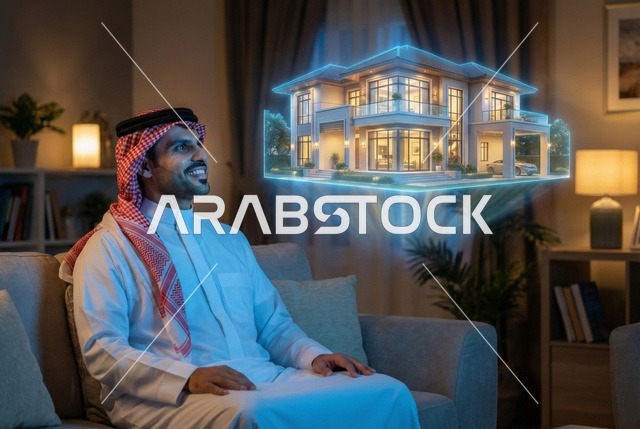 شراء عقار جديد, رجل عربي خليجي سعودي يرتدي الغترة والثوب التقليدي ينظر الي مجسم بيت جديد بتقنية الهولوجرام، امتلاك سكن حديث والاستقرار العائلي , مفهوم الاسكان والتمليك