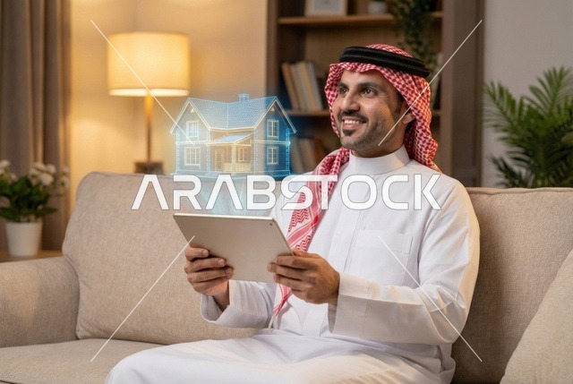 شراء عقار جديد, رجل عربي خليجي سعودي يرتدي الغترة والثوب التقليدي ينظر الي مجسم بيت جديد بتقنية الهولوجرام، امتلاك سكن حديث والاستقرار العائلي , مفهوم الاسكان والتمليك