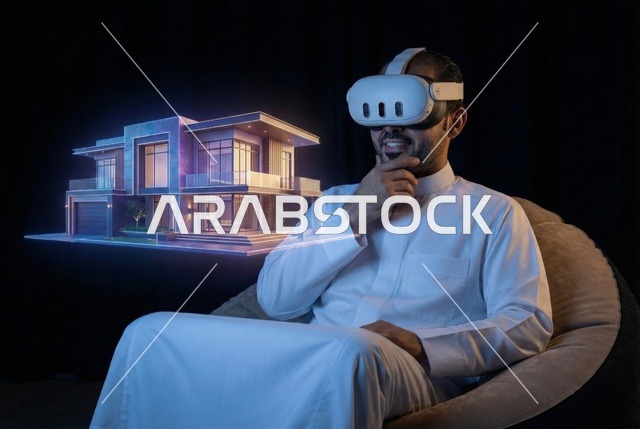 شراء عقار جديد, رجل عربي خليجي سعودي يرتدي الغترة والثوب التقليدي ينظر الي مجسم بيت جديد بتقنية الهولوجرام، امتلاك سكن حديث والاستقرار العائلي , مفهوم الاسكان والتمليك