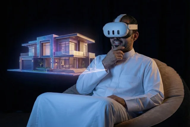 شراء عقار جديد, رجل عربي خليجي سعودي يرتدي الغترة والثوب التقليدي ينظر الي مجسم بيت جديد بتقنية الهولوجرام، امتلاك سكن حديث والاستقرار العائلي , مفهوم الاسكان والتمليك