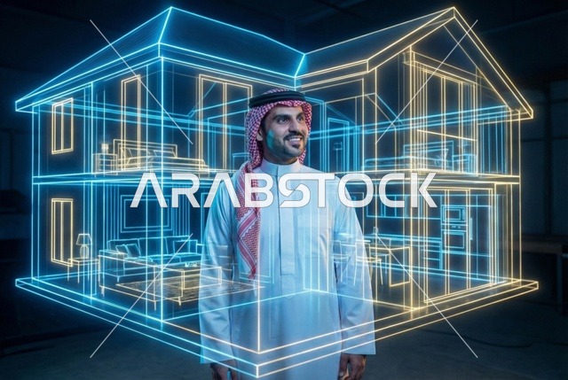 Buying a new property, a Saudi Gulf Arab man wearing a ghutrah and traditional thobe holding a hologram model of a new house in his hand, owning a modern residence and family stability, the concept of housing and ownership.