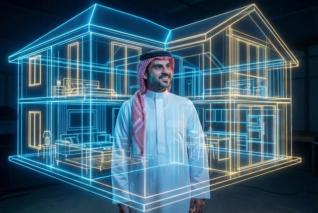 Buying a new property, a Saudi Gulf Arab man wearing a ghutrah and traditional thobe holding a hologram model of a new house in his hand, owning a modern residence and family stability, the concept of housing and ownership.