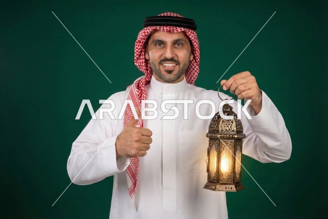 شهر رمضان المبارك، رجل عربي خليجي سعودي يرتدي الزي التقليدي والشماغ  يمسك فانوس رمضان، إضاءة وزينة شهر رمضان، أجواء رمضانية، مناسبات دينية ، اسلاميات وعبادات