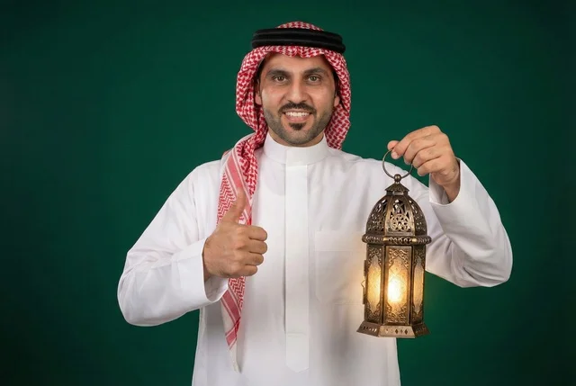شهر رمضان المبارك، رجل عربي خليجي سعودي يرتدي الزي التقليدي والشماغ  يمسك فانوس رمضان، إضاءة وزينة شهر رمضان، أجواء رمضانية، مناسبات دينية ، اسلاميات وعبادات