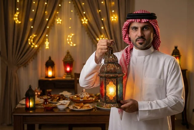 شهر رمضان المبارك، رجل عربي خليجي سعودي يرتدي الزي التقليدي والشماغ  يمسك فانوس رمضان، إضاءة وزينة شهر رمضان، أجواء رمضانية، مناسبات دينية ، اسلاميات وعبادات