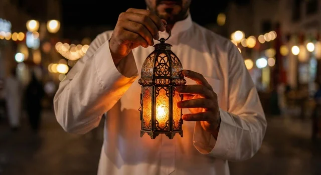 The blessed month of Ramadan, a Saudi Arabian Gulf Arab man wearing traditional attire and a shemagh holding a Ramadan lantern, the lighting and decorations of Ramadan, Ramadan atmosphere, religious occasions, Islamic practices, and worship.