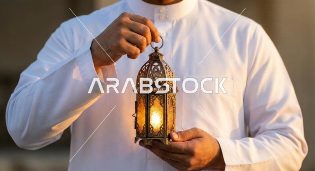 شهر رمضان المبارك، رجل عربي خليجي سعودي يرتدي الزي التقليدي والشماغ  يمسك فانوس رمضان، إضاءة وزينة شهر رمضان، أجواء رمضانية، مناسبات دينية ، اسلاميات وعبادات