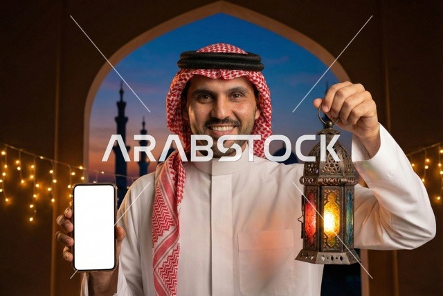 استخدام الهاتف المحمول ، شهر رمضان المبارك، رجل عربي خليجي سعودي يرتدي الزي التقليدي والشماغ  يمسك فانوس رمضان، إضاءة وزينة شهر رمضان، أجواء رمضانية، مناسبات دينية ، اسلاميات وعبادات