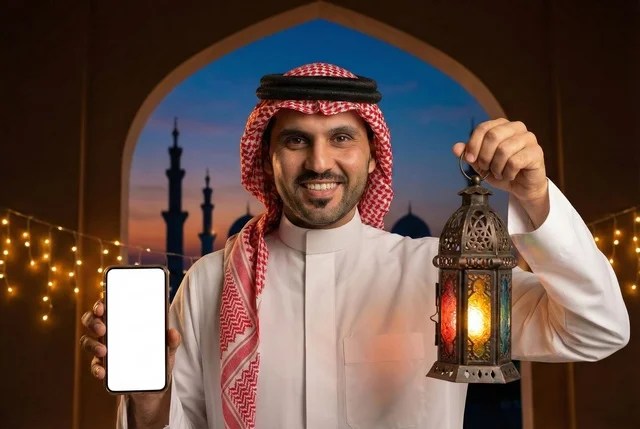 Using a mobile phone, the holy month of Ramadan, an Arab Gulf Saudi man wearing traditional attire and a ghutrah holding a Ramadan lantern, lighting and decorations of Ramadan, Ramadan atmosphere, religious occasions, Islamic practices and worship.