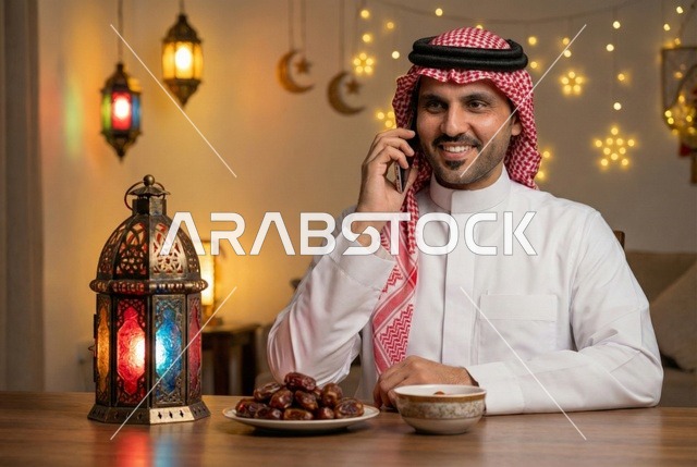 استخدام الهاتف المحمول ، شهر رمضان المبارك، رجل عربي خليجي سعودي يرتدي الزي التقليدي والشماغ  يمسك فانوس رمضان، إضاءة وزينة شهر رمضان، أجواء رمضانية، مناسبات دينية ، اسلاميات وعبادات