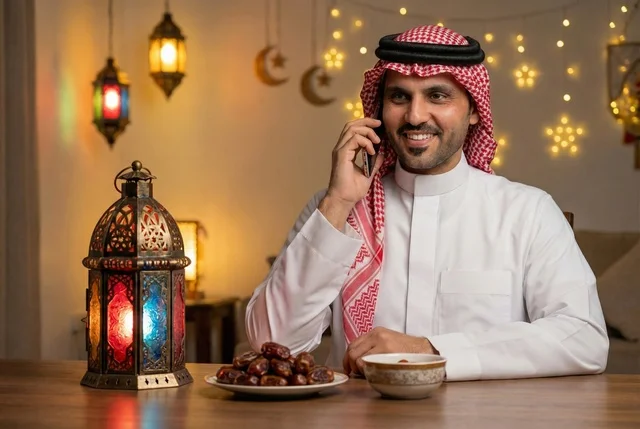 استخدام الهاتف المحمول ، شهر رمضان المبارك، رجل عربي خليجي سعودي يرتدي الزي التقليدي والشماغ  يمسك فانوس رمضان، إضاءة وزينة شهر رمضان، أجواء رمضانية، مناسبات دينية ، اسلاميات وعبادات