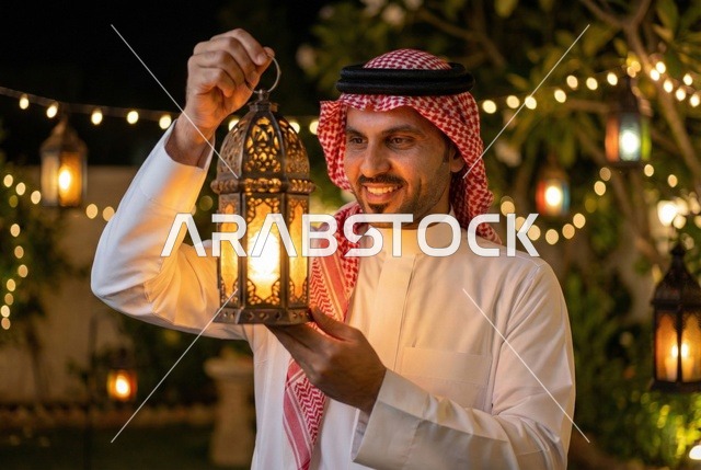 إضاءة وزينة شهر رمضان المبارك، رجل عربي خليجي سعودي يرتدي الزي التقليدي والشماغ  يمسك فانوس رمضان، أجواء رمضانية، مناسبات دينية ، اسلاميات وعبادات